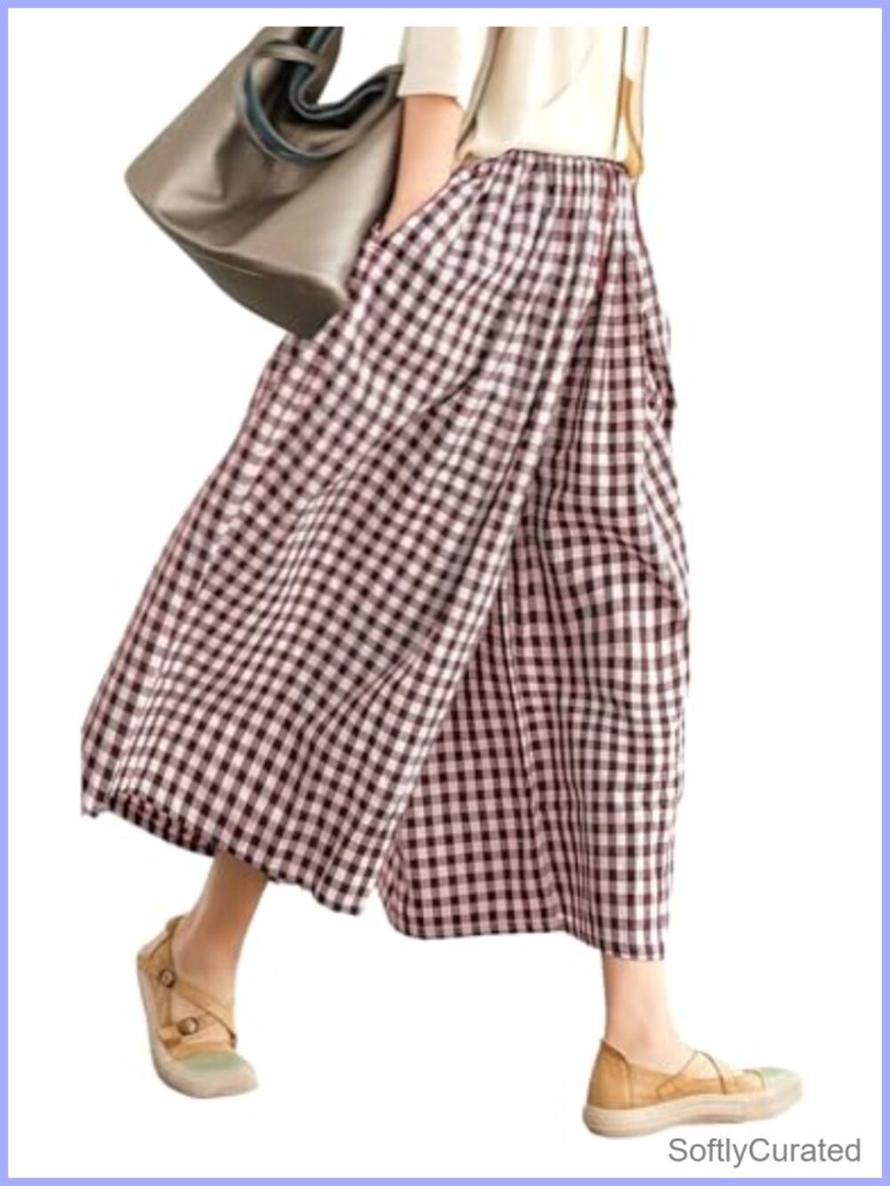 Wide Leg Capri Pants Gingham Striped Crop Culottes Pleated Elastic Waist